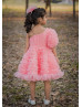 One Shoulder Peach Tulle Ruffles Pearls Beaded Flower Girl Dress